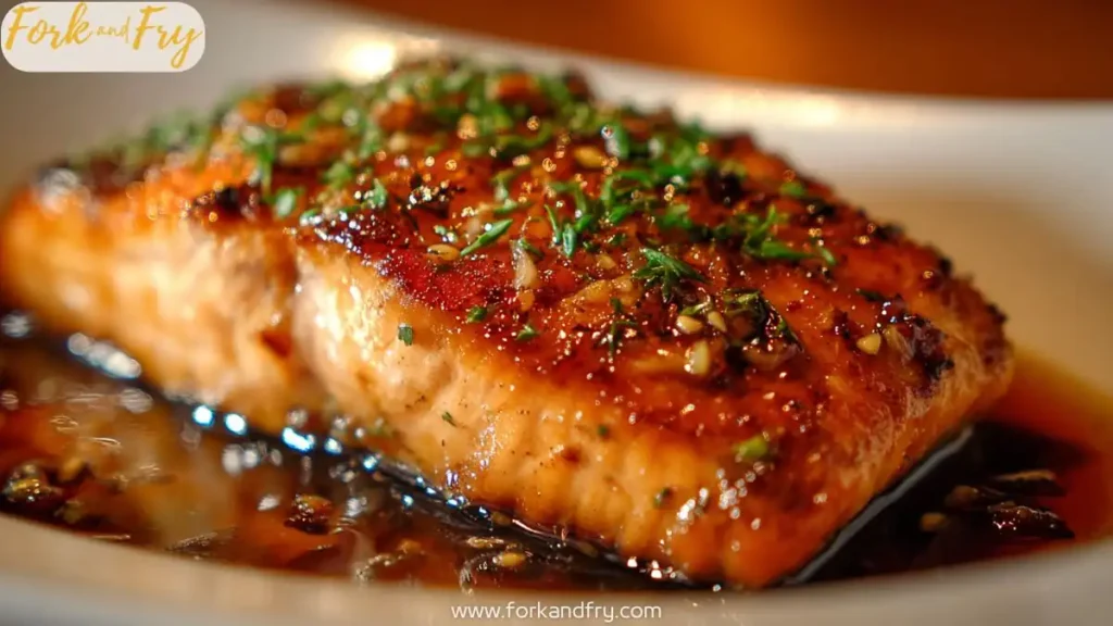 glazed salmon fillet topped with herbs and garlic in soy honey sauce