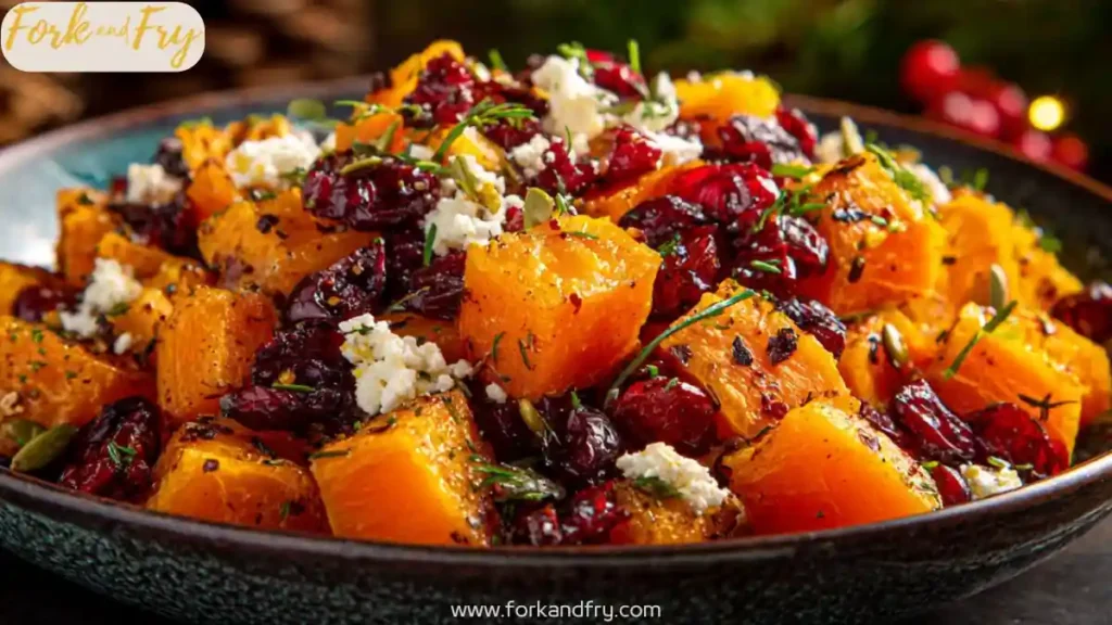 honey roasted butternut squash with cranberries feta and herbs in a black bowl