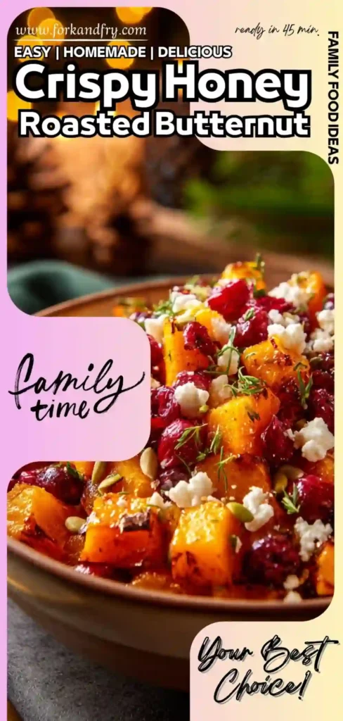 crispy honey roasted butternut squash with cranberries feta and seeds in a holiday bowl