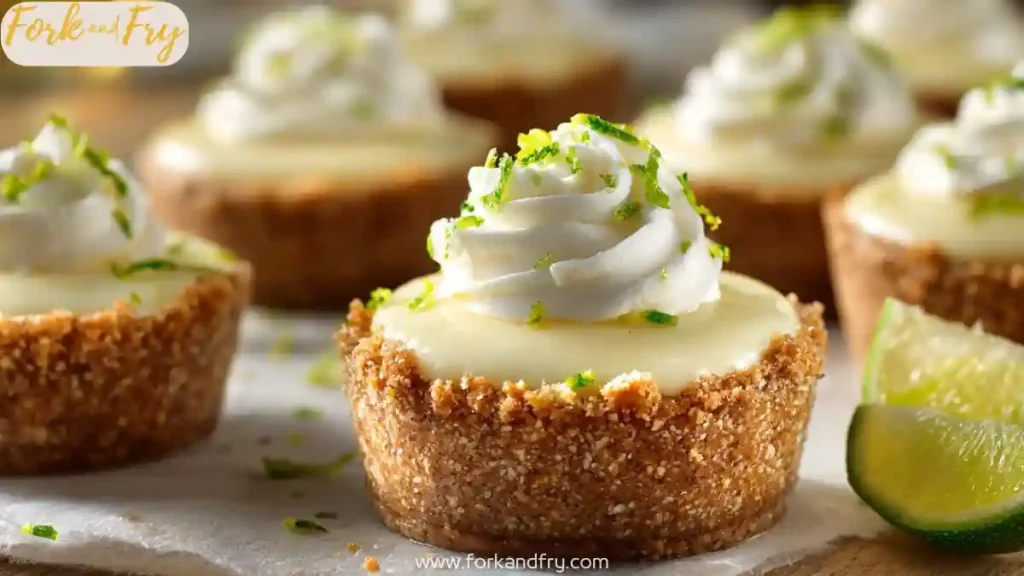 Mini key lime tartlets with whipped cream topping and lime zest on a rustic surface