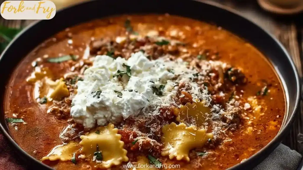 Bowl of lasagna soup topped with creamy ricotta, shredded cheese, and mini pasta, garnished with herbs in rich tomato broth