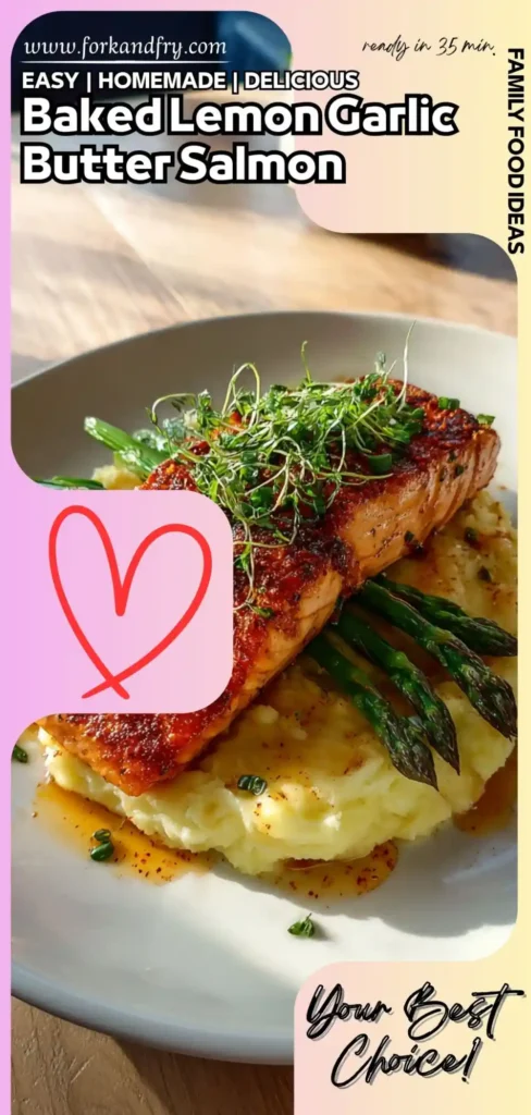 baked lemon garlic butter salmon on mashed potatoes with asparagus in a Pinterest pin