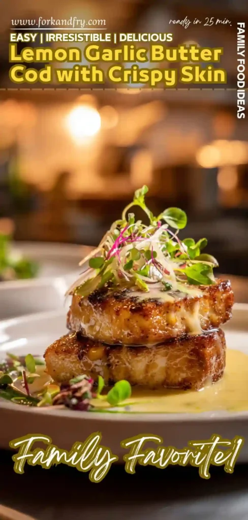 Stacked crispy cod fillets drizzled with lemon garlic butter and topped with microgreens, plated with sauce