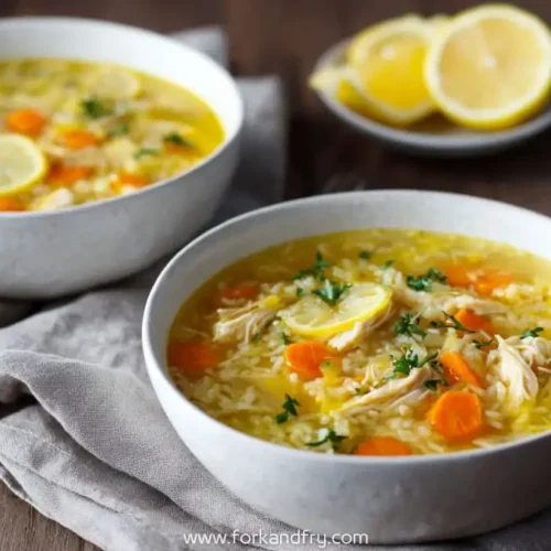 hearty bowl of lemon ginger turmeric chicken soup with rice, carrots, and parsley