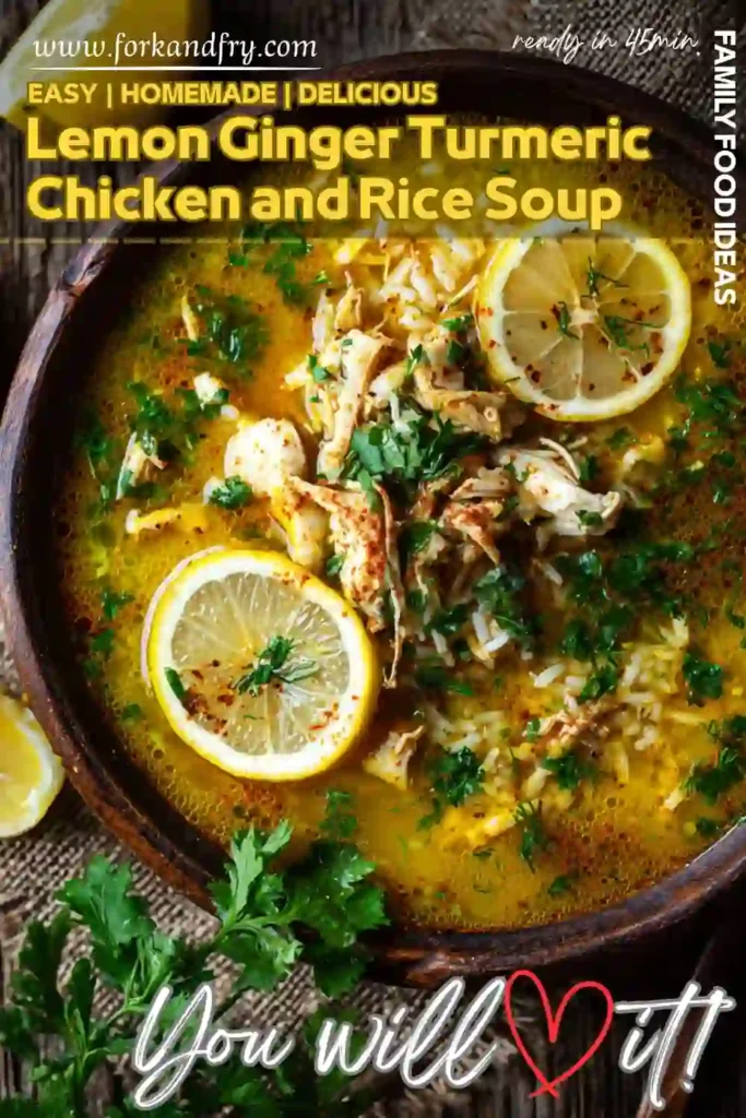 ustic bowl of lemon ginger turmeric chicken soup with fresh parsley and lemon slices