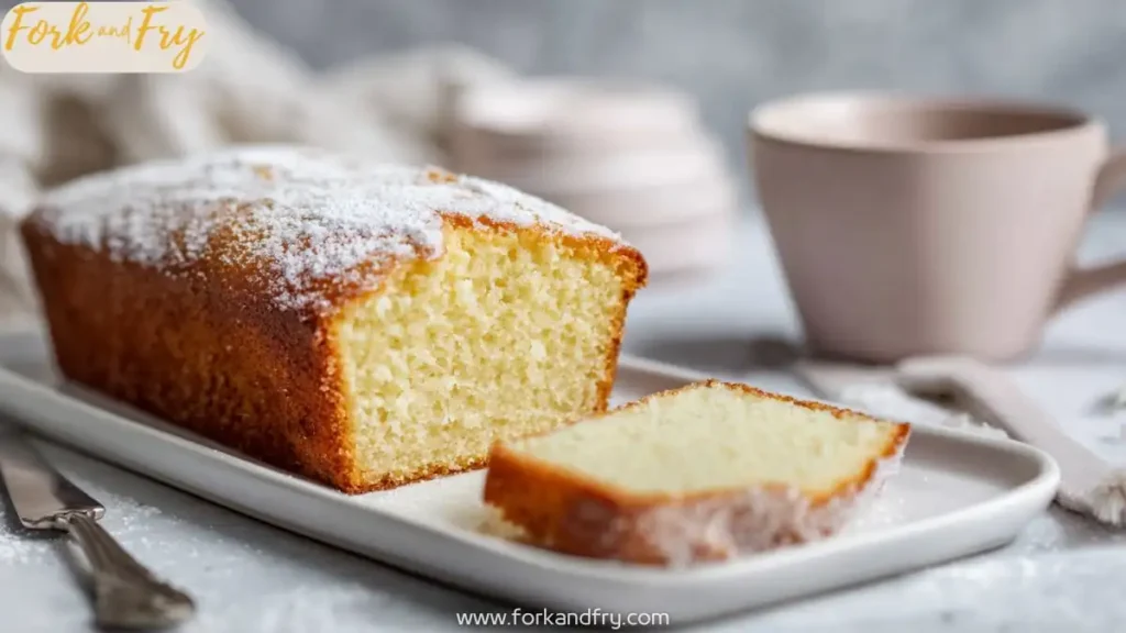 moist lemon loaf cake with powdered sugar on white plate next to pink coffee cup