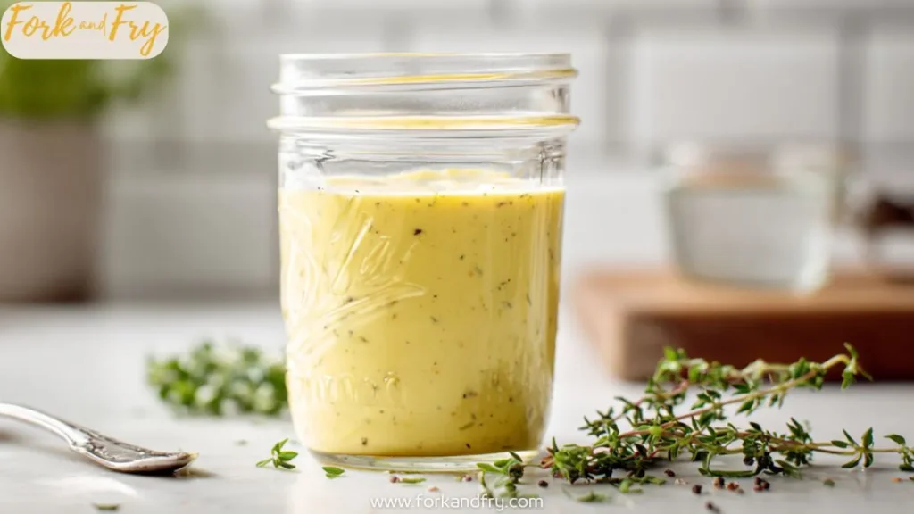 glass jar of creamy french lemon vinaigrette with herbs on white counter next to thyme sprigs