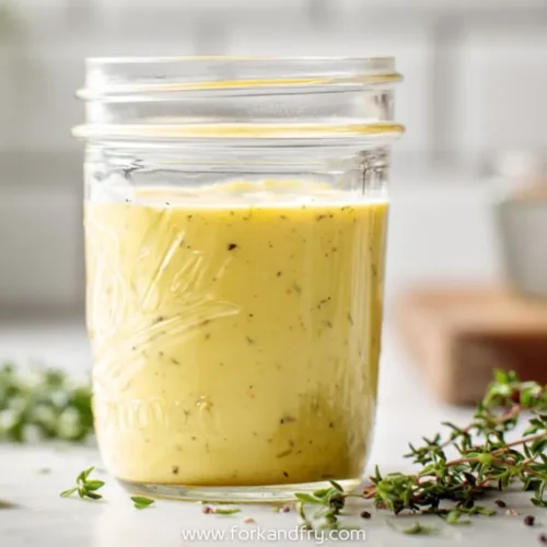 glass jar of creamy french lemon vinaigrette with herbs on white counter next to thyme sprigs