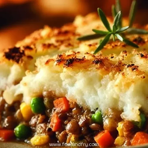 slice of lentil shepherd's pie with mashed potato topping and vegetables on a plate