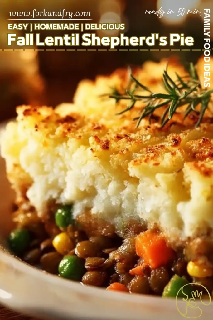 Fall Lentil Shepherd's Pie with Mashed Potato Crust close-up of lentil shepherd’s pie slice topped with mashed potatoes and garnished with rosemary