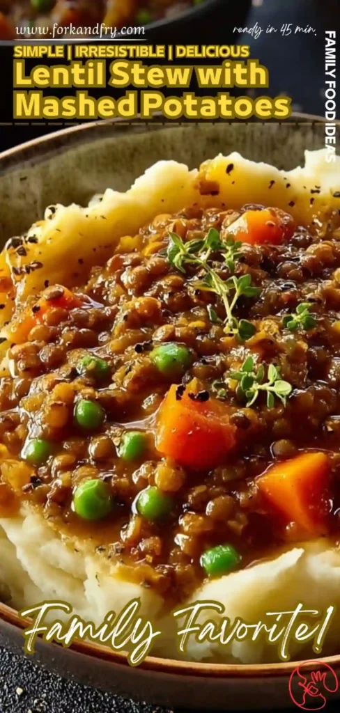 Lentil Stew with Mashed Potatoes Warm and Wholesome closeup of lentil stew with carrots peas and herbs on mashed potatoes