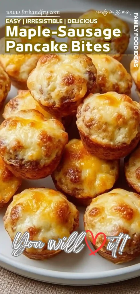 cheesy maple sausage pancake bites on white plate, golden brown and ready in 35 minutes