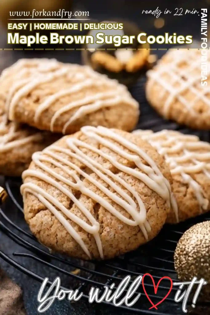 Maple Brown Sugar Cookies – Easy Holiday Pin Recipe Maple brown sugar cookies with icing drizzle stacked on cooling rack with festive gold decorations