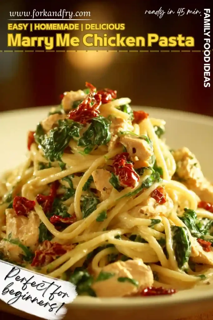 creamy spaghetti with chicken spinach and sun dried tomatoes in a white bowl perfect for weeknight dinner