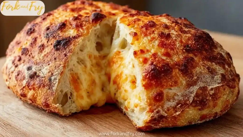 crusty round cheese bread torn open showing melted cheese and airy texture