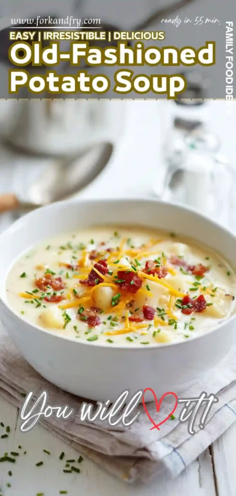 Old-Fashioned Potato Soup with Bacon and Cheddar creamy old-fashioned potato soup with bacon, shredded cheddar, and chives in a white bowl