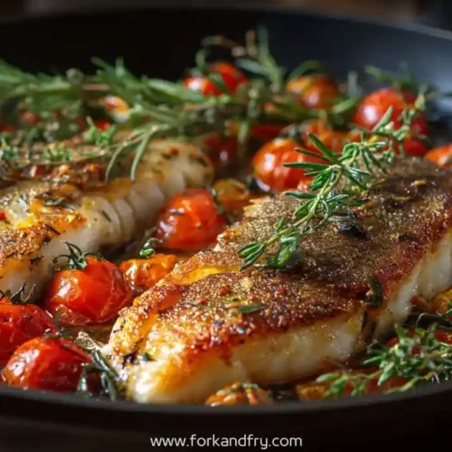 pan seared cod fillets with cherry tomatoes and herbs in cast iron skillet