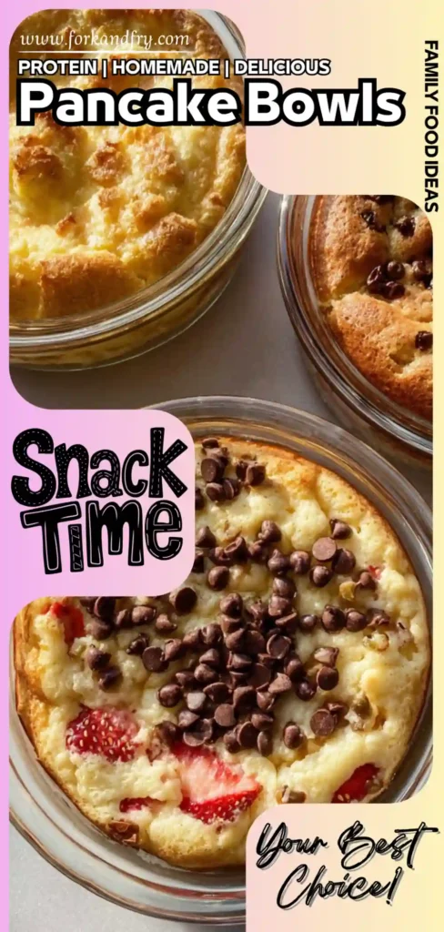 Homemade Pancake Bowls – Snack Time Story Feature three pancake bowls with chocolate chips and strawberries in branded story layout with snack time text