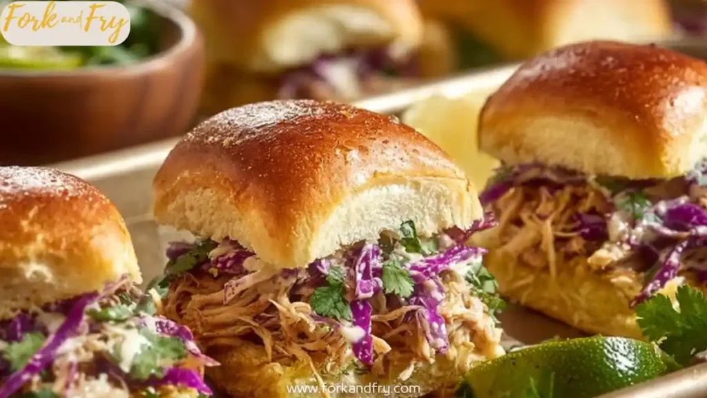 pulled chicken sliders with purple slaw on toasted brioche buns