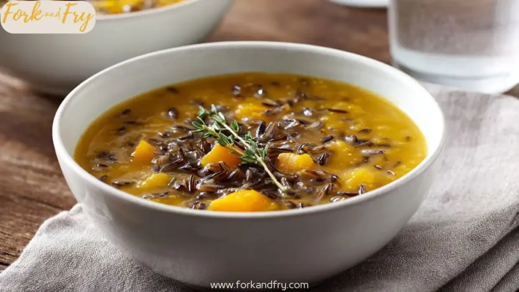 bowl of creamy pumpkin soup with wild rice, thyme, and diced squash on a rustic table