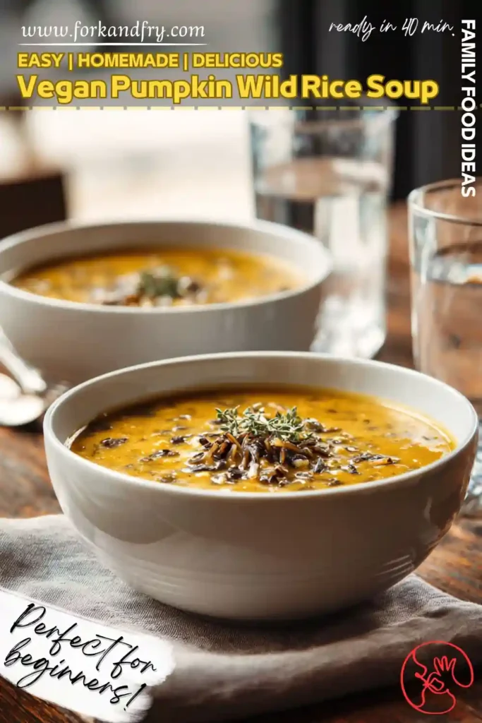 bowl of vegan pumpkin wild rice soup topped with thyme on a wooden table