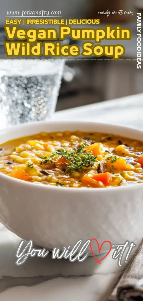 white bowl filled with vegan pumpkin wild rice soup topped with herbs, Pinterest layout with bold yellow title