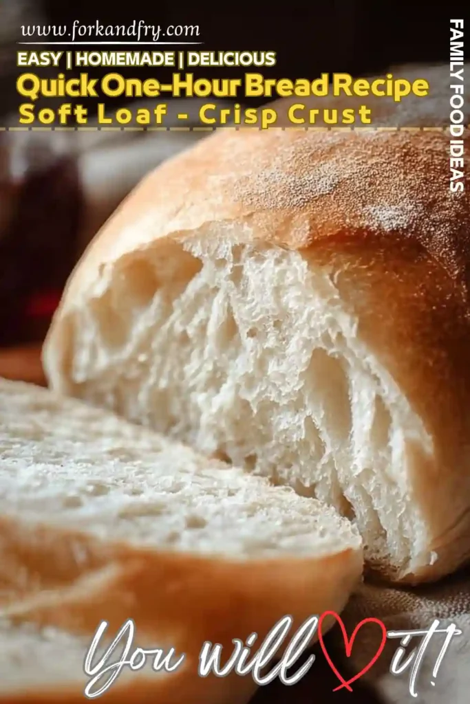 vertical banner of quick one-hour bread recipe with soft loaf and golden crust