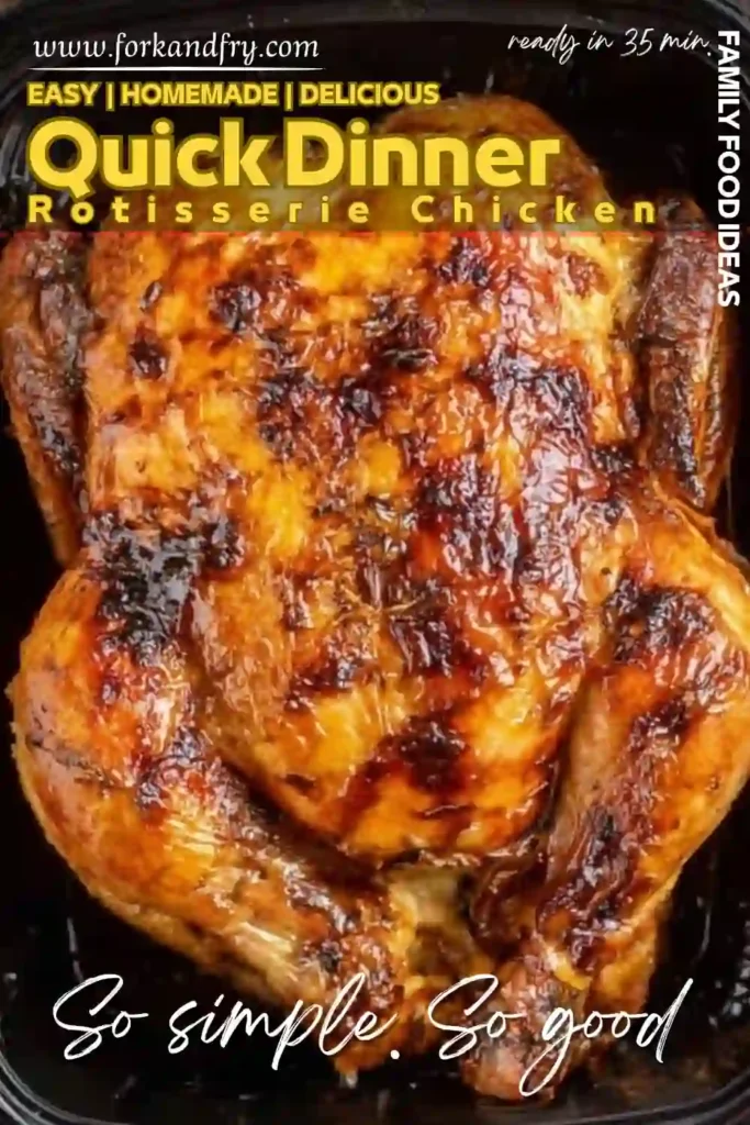 Whole roasted rotisserie chicken with golden brown skin in black tray, styled for quick dinner recipes