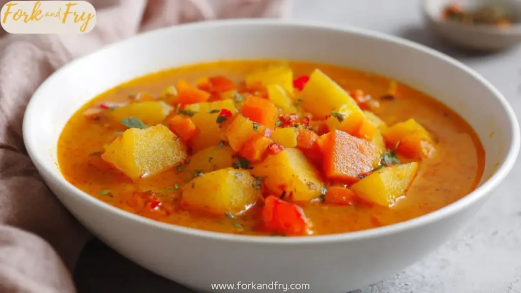 colorful root vegetable chowder with potatoes carrots and herbs in a white bowl