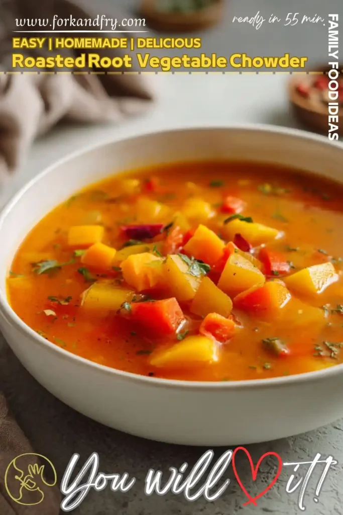 roasted root vegetable chowder with potatoes carrots and herbs in a white bowl