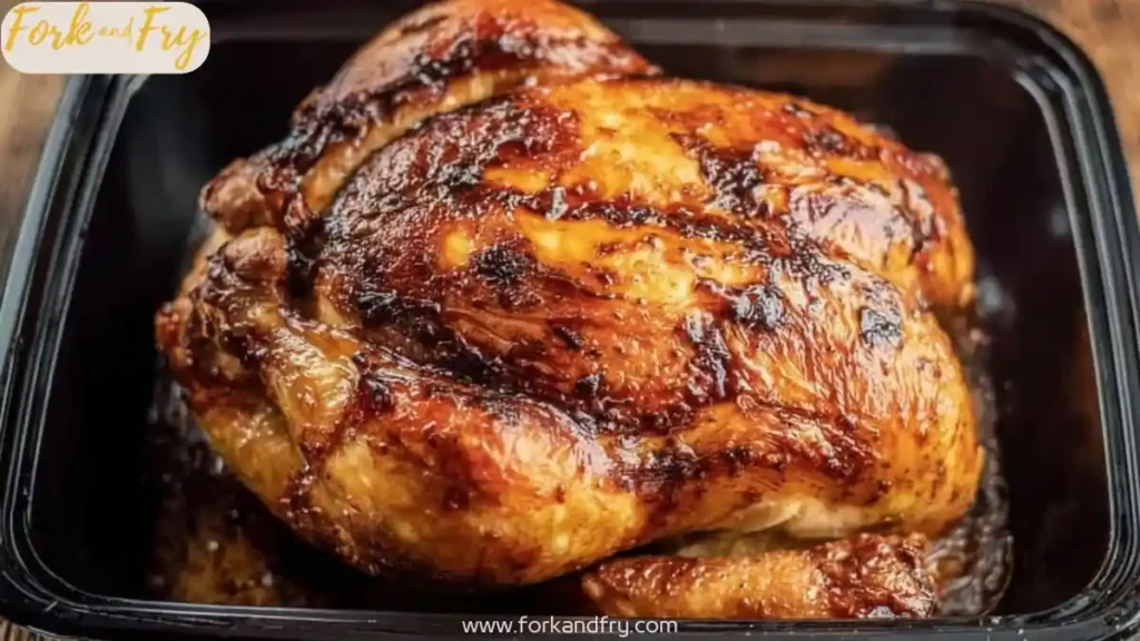 Whole rotisserie chicken with crispy golden skin in a black plastic container