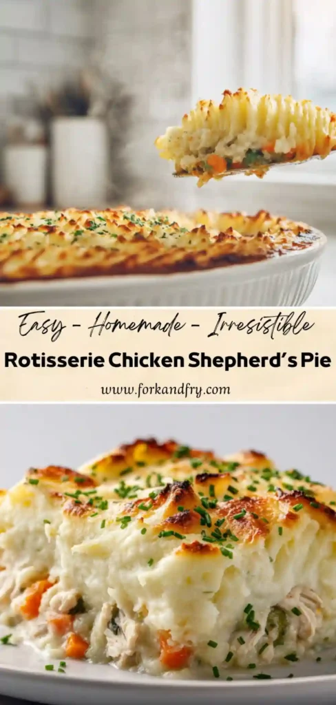 vertical collage of rotisserie chicken shepherd’s pie with mashed potato topping, carrots, peas, and steam rising