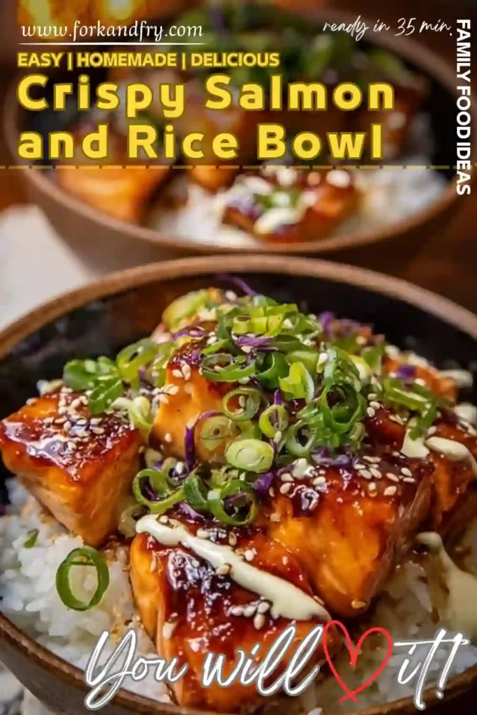 Crispy glazed salmon over rice, topped with scallions, sesame seeds, and creamy drizzle in a rustic bowl