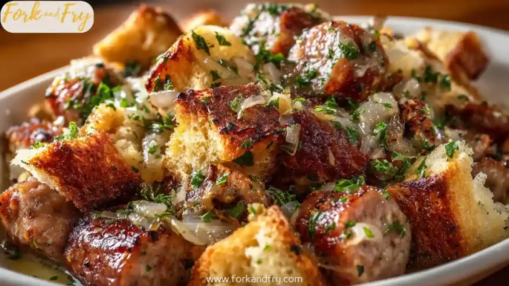 sausage bread stuffing with crispy cubes, herbs and onions in a white bow