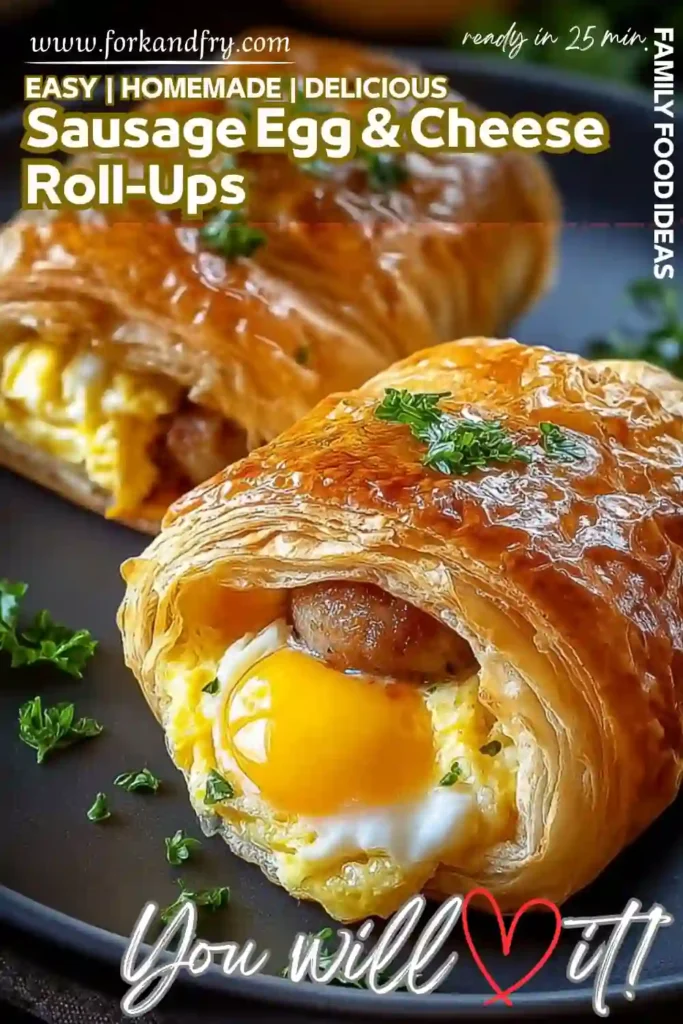 Golden sausage, egg, and cheese roll-ups with flaky pastry and soft egg yolk on a black plate