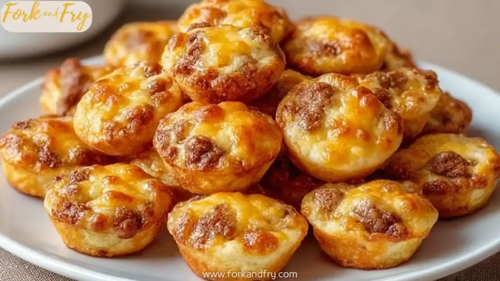 golden-brown sausage egg muffins stacked on a white plate, topped with melted cheese