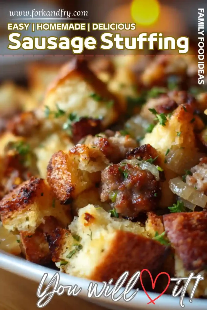 golden sausage stuffing with herbs and onions in a white bowl