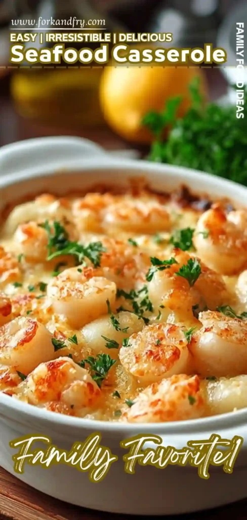 Cheesy baked seafood casserole with scallops in a white dish, overlaid with bold recipe title and family favorite label