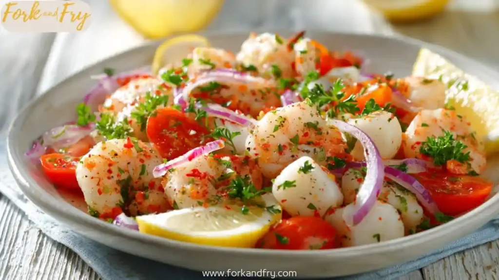 Refreshing seafood salad with shrimp, scallops, cherry tomatoes, red onions, parsley, and lemon wedges