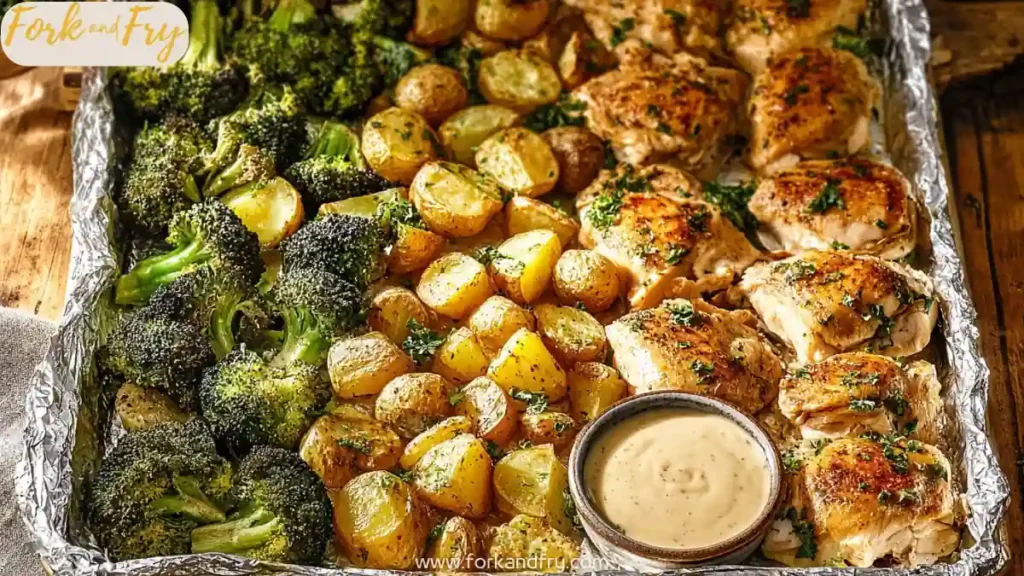 Roasted sheet pan with golden chicken thighs, crispy potatoes, broccoli, and dipping sauce on foil