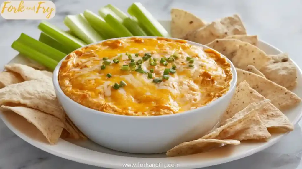 buffalo chicken dip in white bowl with chips and celery