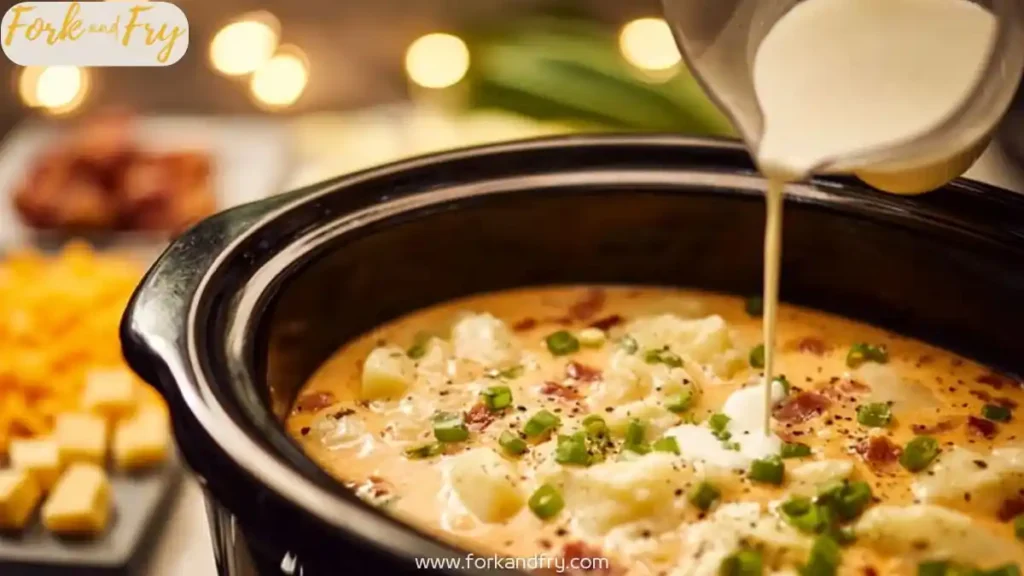 slow cooker potato soup with cream being poured and topped with green onions and bacon