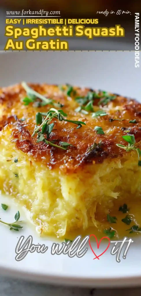 Crispy golden spaghetti squash au gratin slice topped with herbs on a white plate, close-up vertical shot