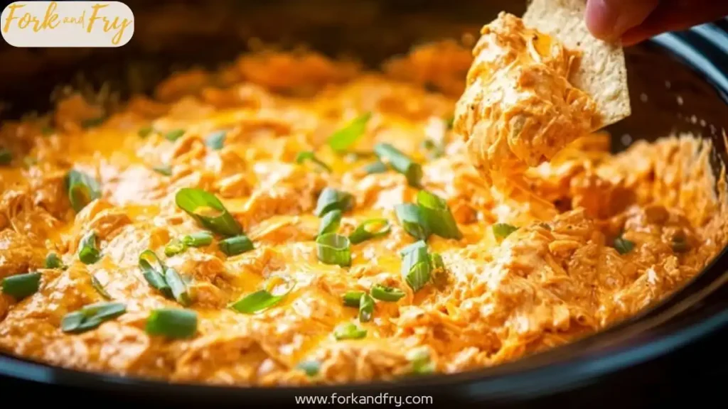 hot and cheesy buffalo chicken dip topped with green onions being scooped with a tortilla chip