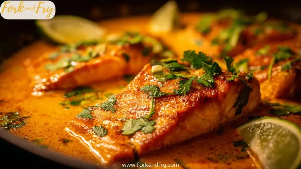 seared salmon fillets in creamy coconut curry sauce with cilantro and lime
