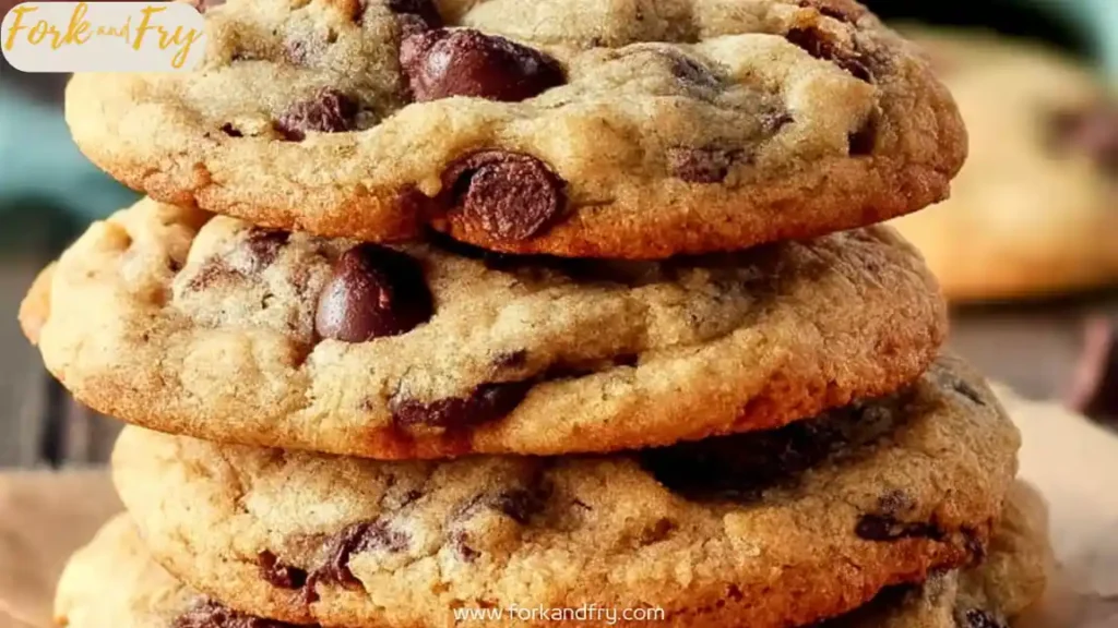 Stack of golden brown chocolate chip cookies with gooey chocolate chips