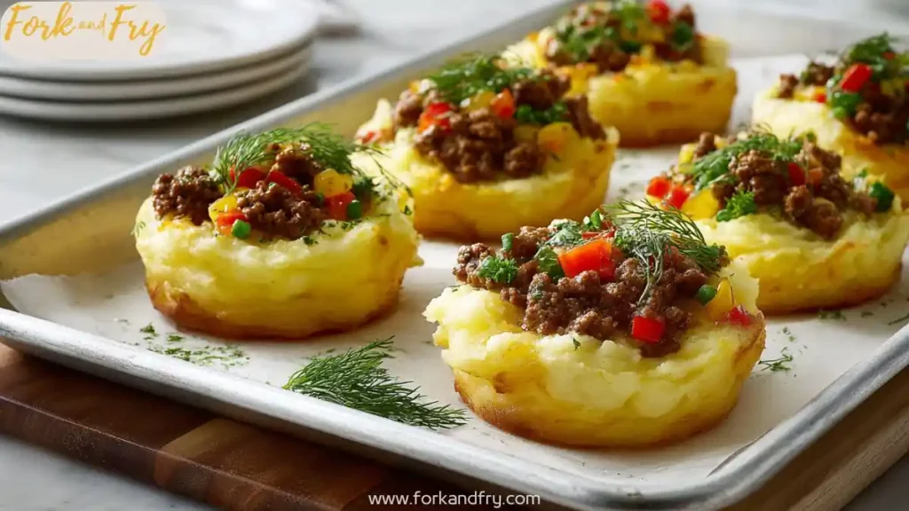 savory mashed potato nests topped with seasoned beef, bell peppers, and fresh dill on baking tray
