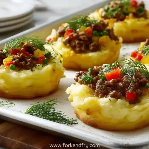 savory mashed potato nests topped with seasoned beef, bell peppers, and fresh dill on baking tray