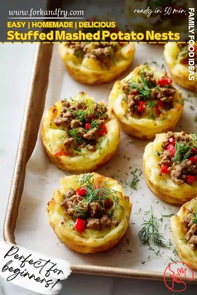 baked mashed potato cups filled with ground beef, red bell pepper, and fresh dill