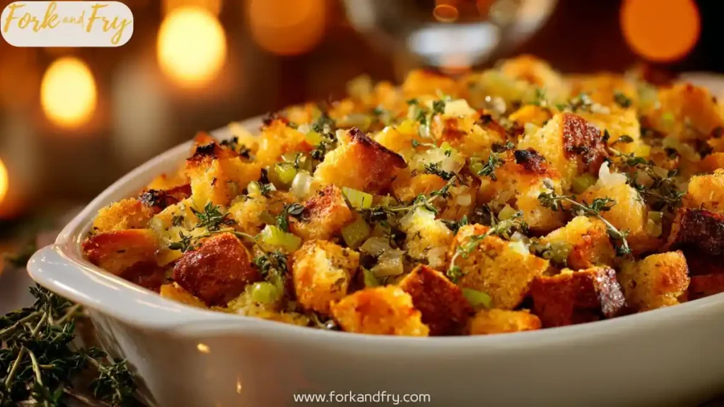 Herbed bread stuffing in white casserole with celery and thyme under warm lighting